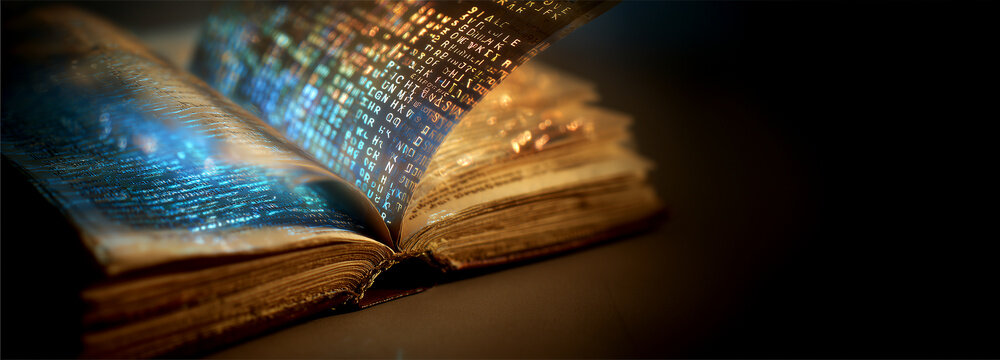 Open Antique Book with Glowing Digital Data and Holographic Text Representing the Fusion of Traditional Knowledge and Artificial Intelligence