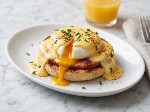 Eggs benedict with hollandaise sauce on english muffin close up