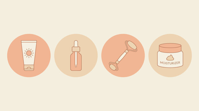 Curated set of essential skincare routine icons, showcasing daily beauty products like sun protection, serum, facial roller, and moisturizer for a healthy skin regimen