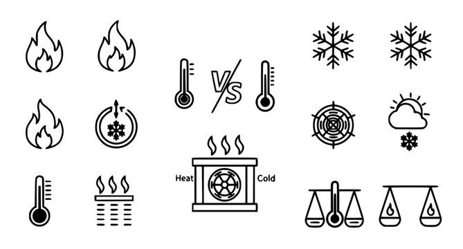 Temperature control system icons featuring heat and cold climate regulation symbols with thermometers and snowflakes for HVAC and industrial thermal management interface design in black line style