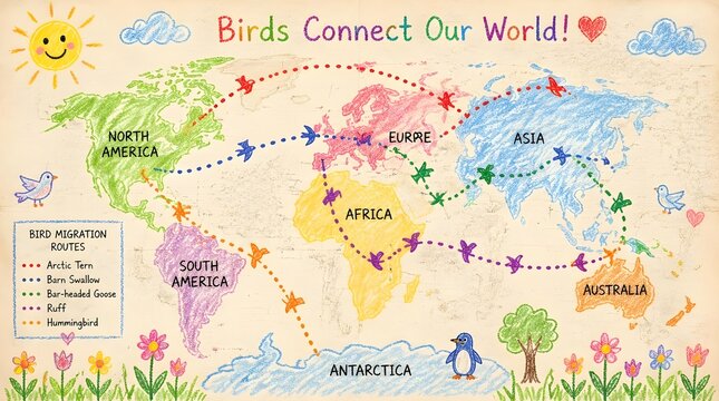 Global Bird Migration Routes Map Illustration - Educational & Wildlife Connectivity