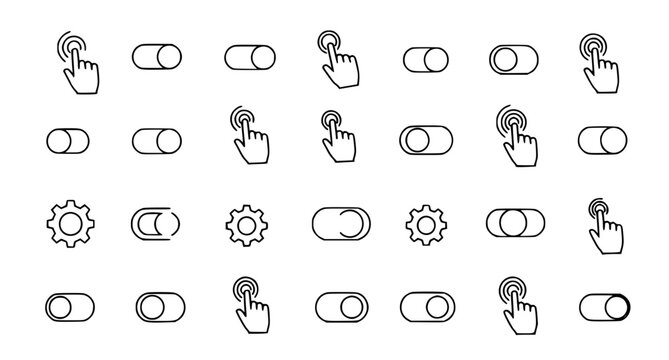 User interface hand cursor clicking and toggle switch icons set for web design and mobile app development featuring interactive touch elements in a clean black line vector style on white backdrop