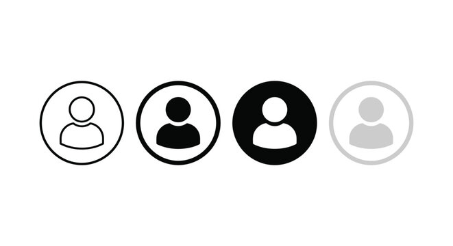 User profile icon set representing account, identity, and digital interface in outline, solid, and filled circle styles