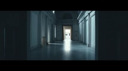 Fototapeta premium Expansive historical building hallway with rows of decorative columns and an arched doorway leading to an illuminated courtyard, creating a sense of perspective and solitude