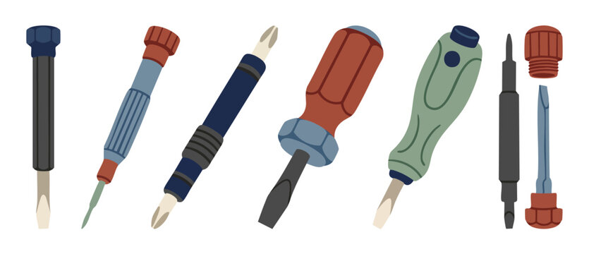 Screwdriver set collection flat vector illustration isolated on white background for DIY home repair, construction equipment, professional tool kit, industrial maintenance, and mechanical hardware ico