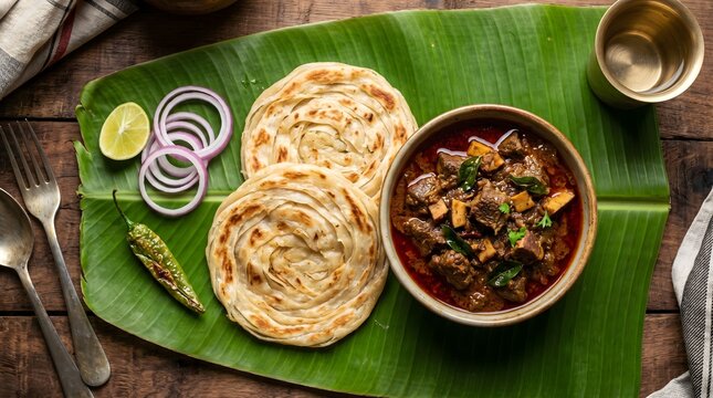 Kerala Style Beef Roast with Malabar Parotta Served on Banana Leaf with Onion and Lime