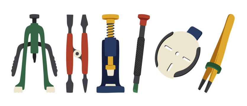 Watch Repair Tools Set for Professional Horology and Precision Maintenance, Flat Vector Illustration of Essential Instruments for Clockwork Servicing, Battery Replacement, and Micro Mechanical Assembl