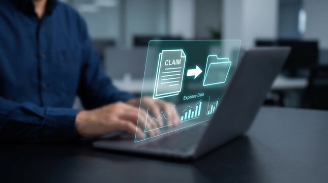 Digital Expense Claim and Document Processing Concept: Person Typing on Laptop with Holographic Interface in Dark Office