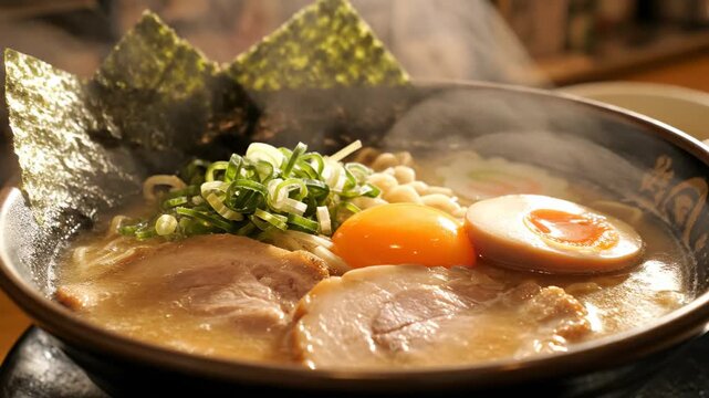This video shows a steaming hot bowl of ramen with seaweed and egg, a delicious and savory Japanese meal. The steam rises from the bowl as the camera captures the culinary delight.