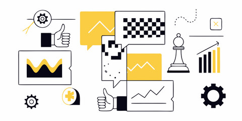 abstract business illustration with gears chess pieces and hand icons on a white background © Riya