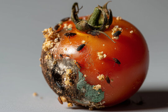 Infested Rotten Tomato With Mold And Insects Extreme Macro Food Spoilage Concept