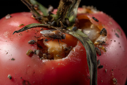 Infested Rotten Tomato With Mold And Insects Extreme Macro Food Spoilage Concept