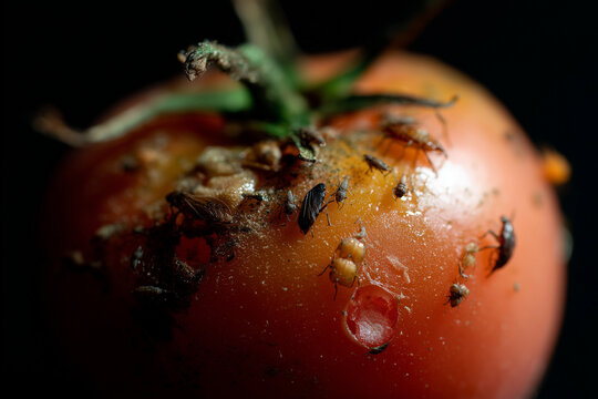 Infested Rotten Tomato With Mold And Insects Extreme Macro Food Spoilage Concept