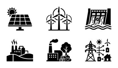 Naklejka premium Renewable Energy Icons Set: Solar, Wind, Hydro, Factory, Power Grid, Sustainable Power Generation Vector Graphics