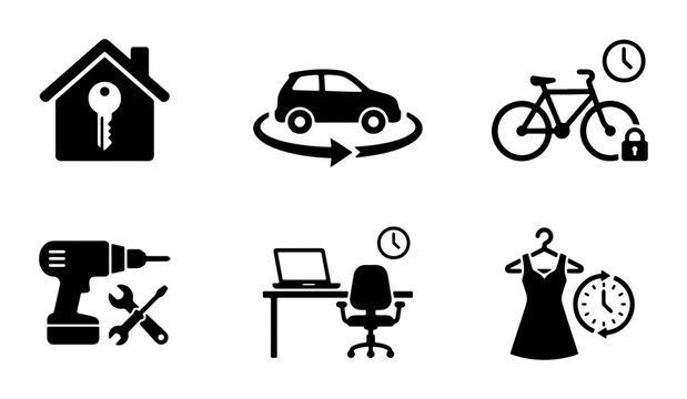 Vector Icons Set: Home Key, Car Rental, Bike Security, Tools, Office Workspace, Fashion Time | Business & Lifestyle Symbols