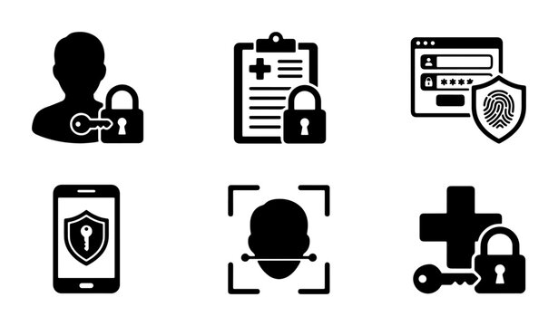 Security Icons Set: User Lock, Medical Record Protection, Login Credentials, Mobile Authentication, Facial Recognition, Healthcare Access