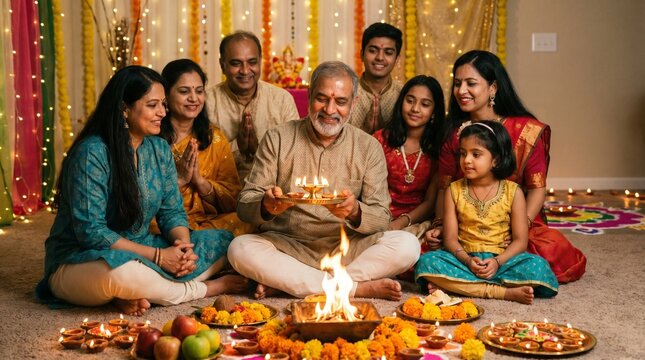 Happy Multi-generational Indian Family Performing Diwali Puja and Aarti Together in Decorated Home Interior with Diyas and Flowers