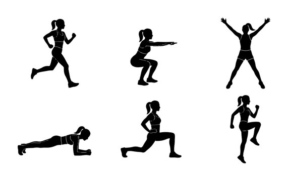 Set of 6 fitness exercise silhouette icons for women, vector graphics for health and wellness