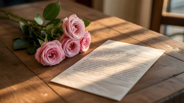 A bouquet of pink roses and a letter on a wooden table in a cozy room