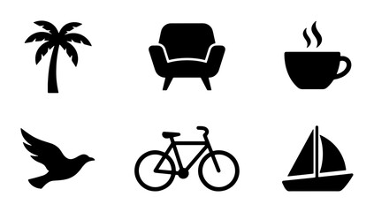 Minimalist Black Icons Set: Palm Tree, Armchair, Coffee Cup, Bird, Bicycle, Sailboat Vector Graphics for Lifestyle, Travel, and Comfort Themes © Sadia