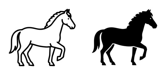 Fototapeta premium Set of two horse icons, outline and silhouette, vector illustration for equestrian and animal themes