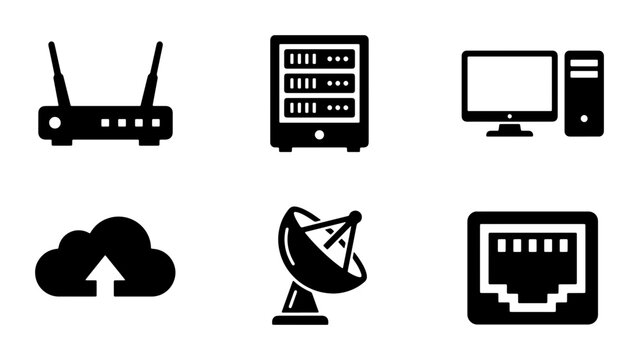 Network Technology Icons: Router, Server Rack, Computer, Cloud Upload, Satellite Dish, Ethernet Port, Digital Data Connection Symbols