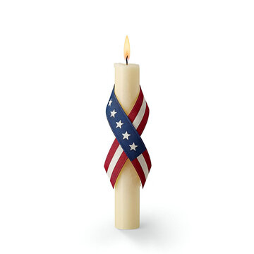 Lit candle with american flag ribbon, patriotic symbol
