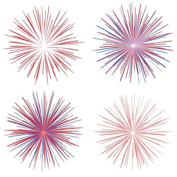 Set of four abstract pink and black starburst explosion elements with radiating light lines