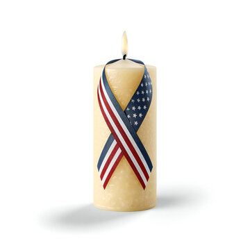 Lit candle with american flag ribbon for remembrance
