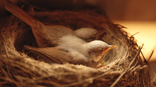 fledgling. Mother bird preening fledgling in neat nest, soft feathers, warm ambient lighting. wildlife magazines, conservation campaigns, designed for eco-tourism storytelling.