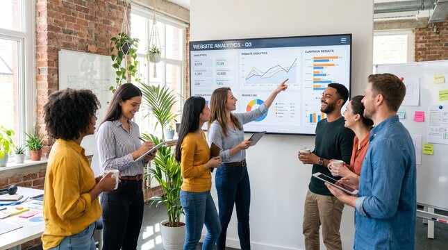 Creative agency team reviewing website analytics and marketing campaign results on large display in collaborative workspace
