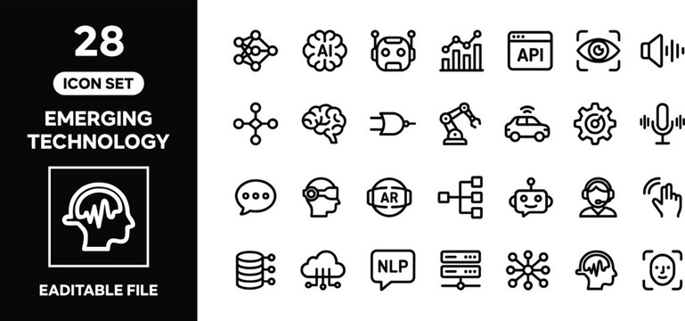Emerging Technology and Artificial Intelligence Outline Icons for Future Innovation and Automation