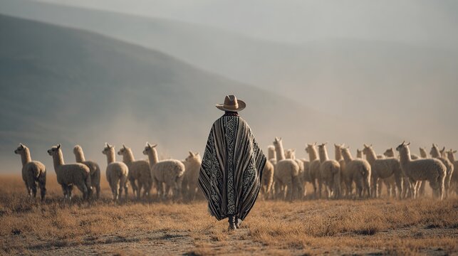 poncho. Shepherd in a woven poncho with alpacas on a misty mountain plain. wildlife magazines, conservation campaigns, designed for wildlife conservation campaigns, used by data scientists.