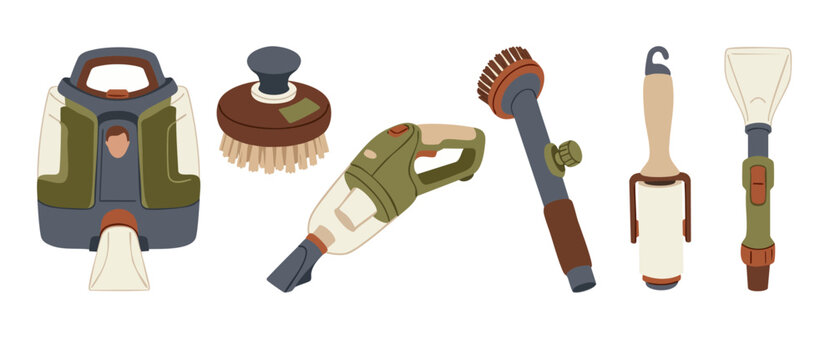 Professional Cleaning Equipment Set for Home Maintenance and Deep Cleaning Tasks including Portable Vacuum, Scrub Brush, Lint Roller and Squeegee Tools Isolated on White Background for Janitorial Serv