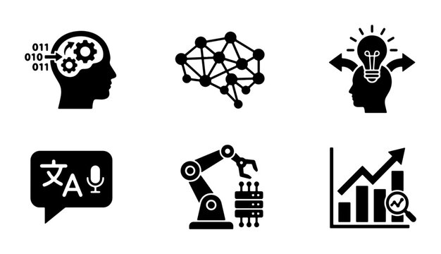Artificial Intelligence Icons Set, Machine Learning Brain, Neural Network, Data Analysis, Robotics, AI Technology Concepts