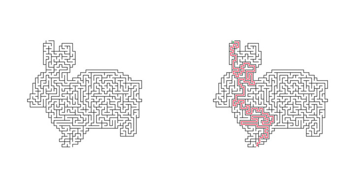 Bunny shaped maze with solution. Simple black and white vector labyrinth puzzle, educational logic game for children and adults.