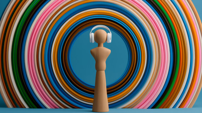 Mindfulness and well being are embraced in peaceful moment with music as listener stands calmly surrounded by colorful concentric circles creating serene atmosphere