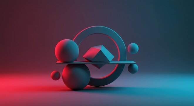Abstract geometric shapes interacting across multiple planes creating perfect balance and visual dimensional harmony, rendering, multidimensional, equilibrium