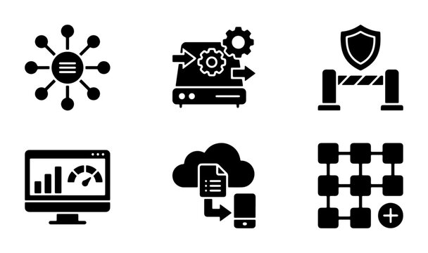 Set of 6 Technology Icons: Network, Data Processing, Security Barrier, Performance Dashboard, Cloud Storage, Blockchain Grid