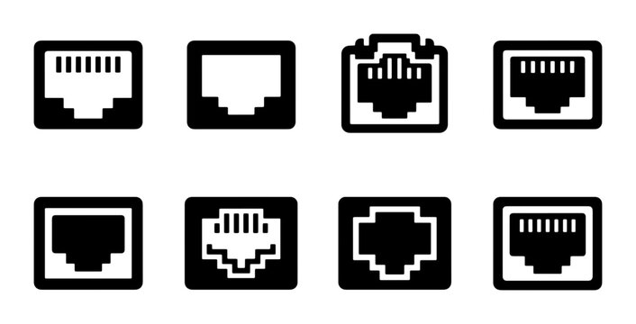 Ethernet Port Icons, Network Jack Symbols, RJ45 Connector Graphics, Internet Cable Plug Vector Set
