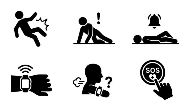 Elderly Fall Detection Icons, SOS Alert System, Smartwatch Emergency Notification, Medical Assistance Symbols, Safety Warning Pictograms