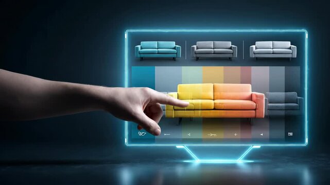 Woman chooses furniture color on digital interface. Interactive holographic screen shows sofa customization gallery. Virtual home interior design software tool process.