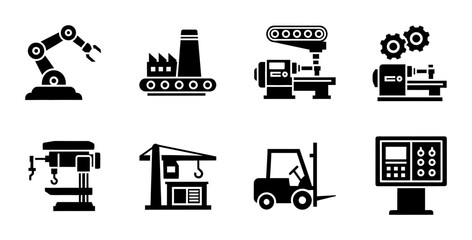 Industrial Manufacturing Automation Factory Machinery Technology Vector Icons Set © Kamrul