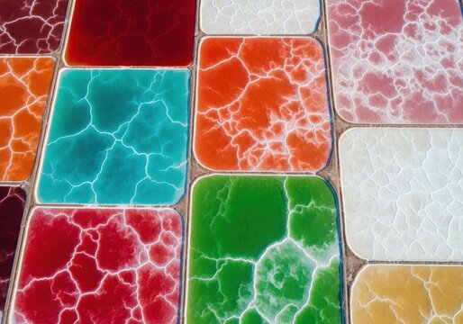 Aerial view of geometric salt evaporation ponds showing vivid colors and textures created by high salinity brine, water, Salt, pond