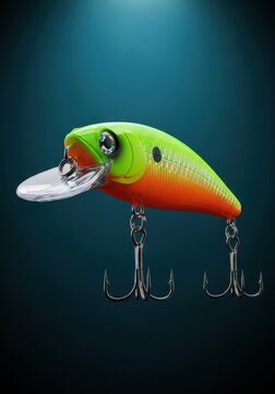 Bright fishing lure designed for deep water retrieval, featuring a pronounced lip and treble hooks, essential equipment for catching large fish, trolling, metal, hardware
