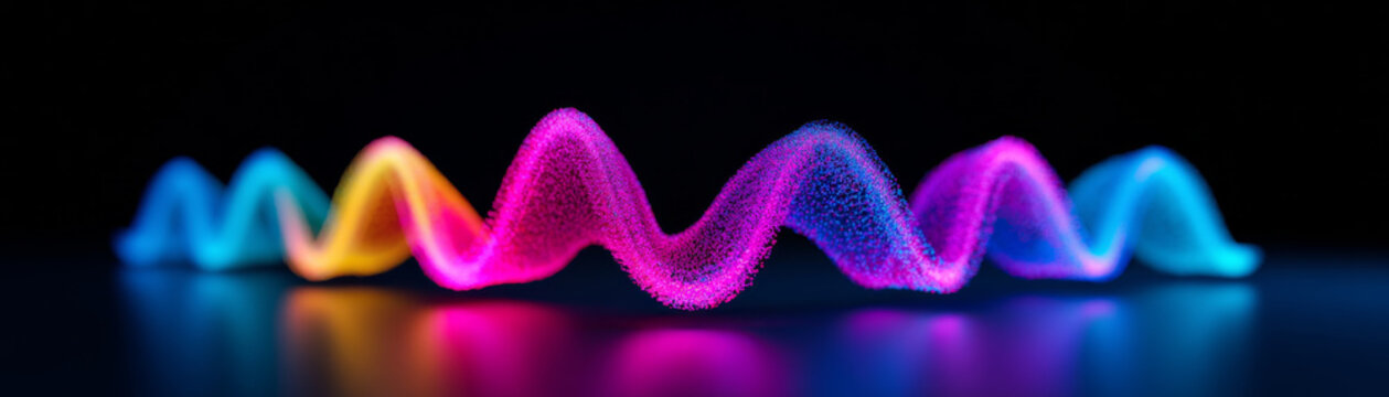 Mindfulness and well being are enhanced in peaceful moment with music as listener experiences vibrant colorful sound waves glowing in dark creating calming atmosphere