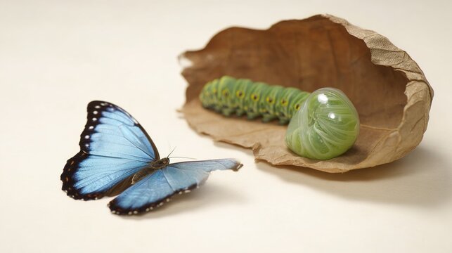 pupa. A caterpillar spinning a cocoon on an old leaf, with a butterfly nearby. wildlife magazines, conservation campaigns, designed for wildlife conservation campaigns, used by copywriters.