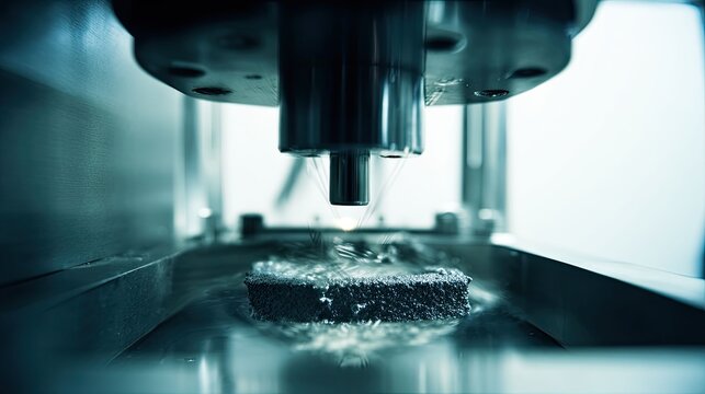 Computer numerical control machine performing precision electrical discharge machining on a dark metal workpiece submerged in liquid, showing technological advancement in industrial production