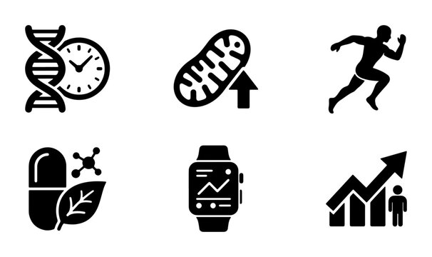 Health and Fitness Icons: DNA, Mitochondria, Runner, Pill, Smartwatch, Growth Chart, Vector Set