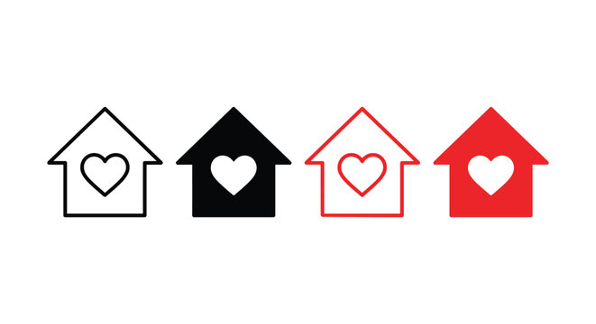 House with heart icon set representing home, love, and belonging in outline and solid styles